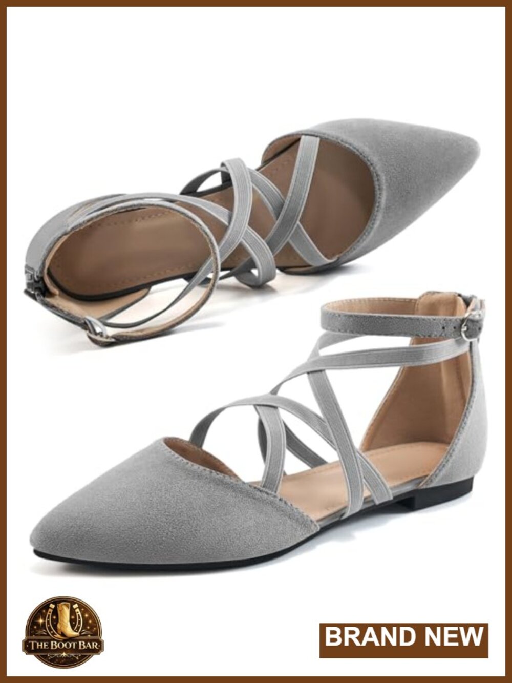 Women's Pointed Toe Ballet Flats with Zipper Ankle Strap - Cushioned Suede